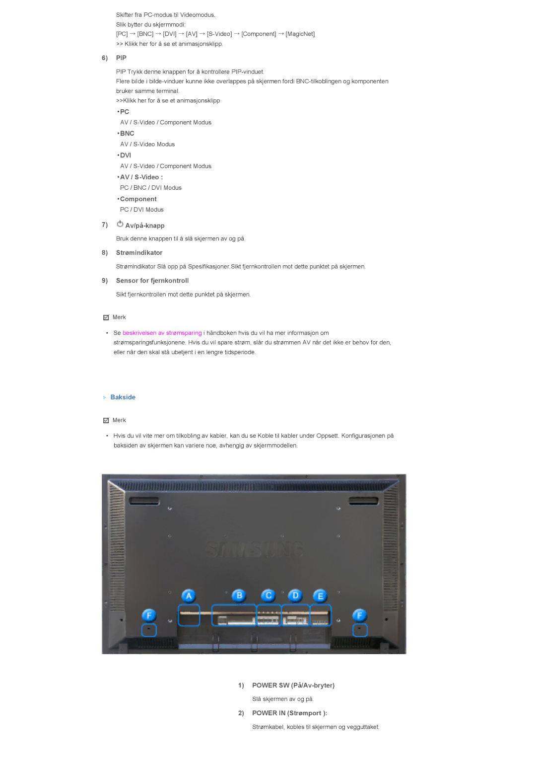 Samsung LS40BHTNS/EDC, LS46BHPNS/EDC Pip, AV / S-Video, Component, Av/på-knapp, Strømindikator, Sensor for fjernkontroll 