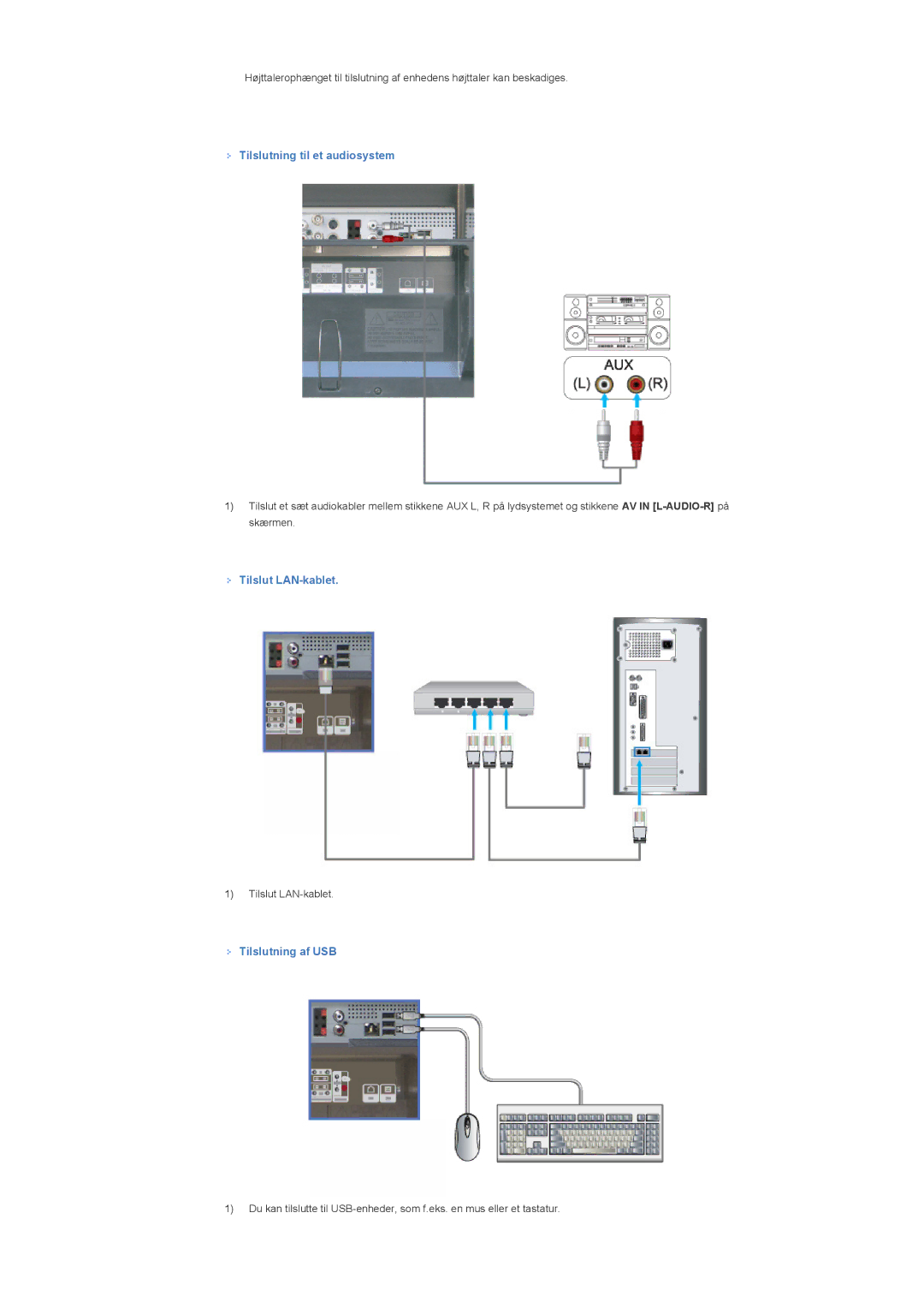 Samsung LS40BHYNS/EDC, LS46BHPNS/EDC, LS40BHPNS/EDC Tilslutning til et audiosystem, Tilslut LAN-kablet, Tilslutning af USB 