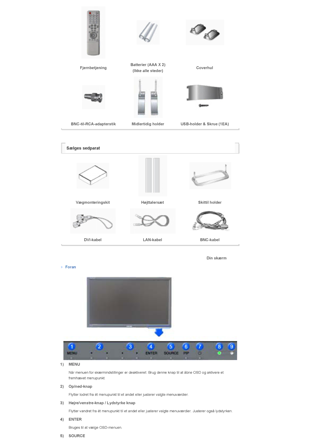 Samsung LS46BHTNS/EDC manual Fjernbetjening, BNC-til-RCA-adapterstik Midlertidig holder, Vægmonteringskit Højttalersæt 