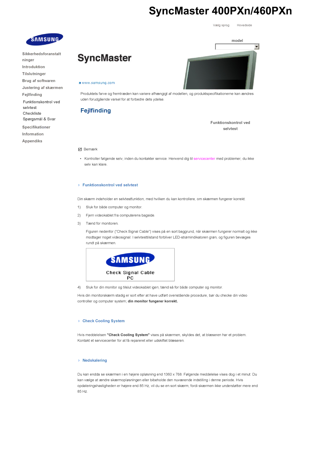 Samsung LS40BHRNS/EDC Funktionskontrol ved Selvtest, Funktionskontrol ved selvtest, Check Cooling System, Nedskalering 