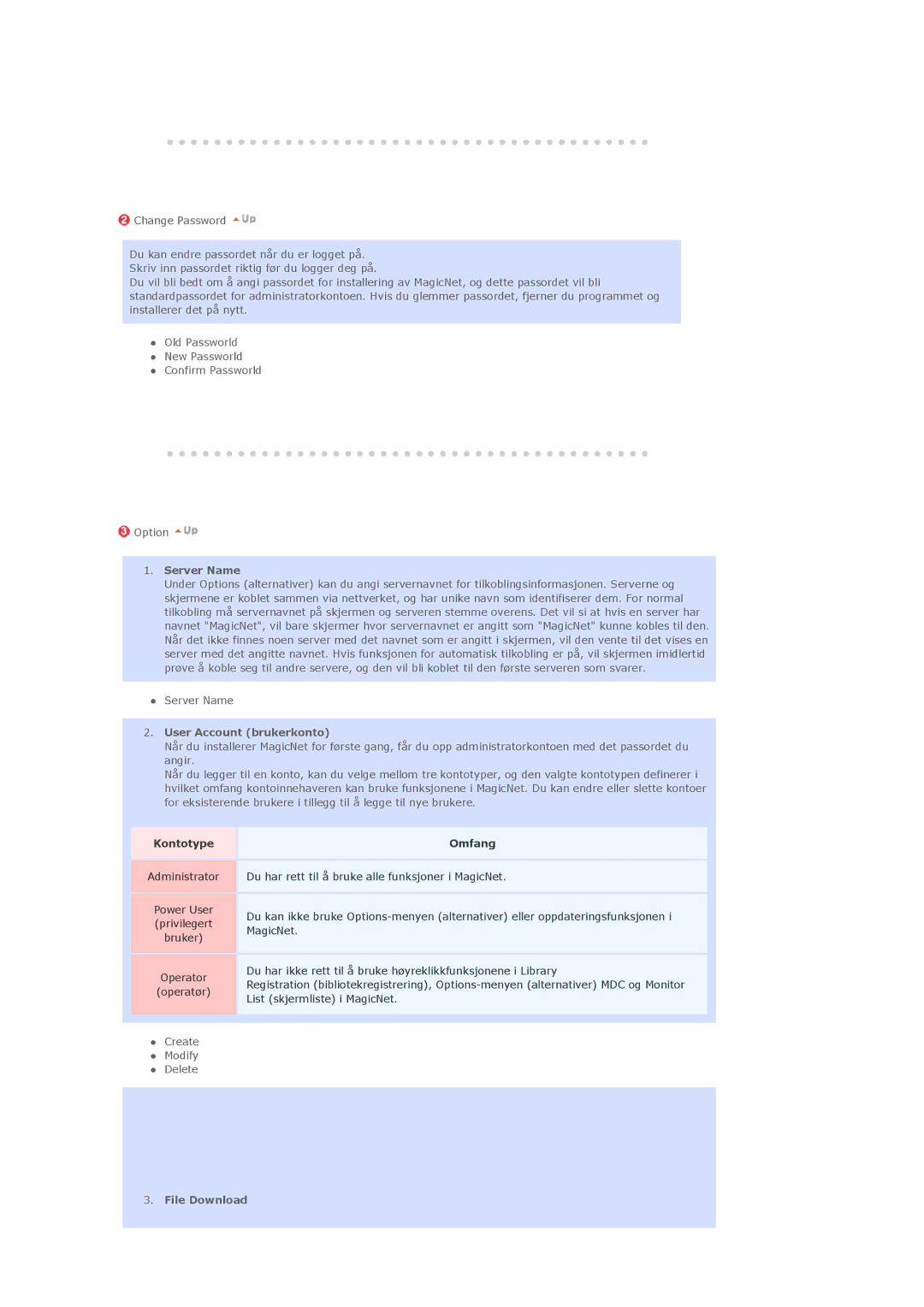 Samsung LS40BHYNS/EDC, LS46BHPNS/EDC, LS40BHPNS/EDC, LS46BHZNS/EDC manual Server Name, User Account brukerkonto, File Download 