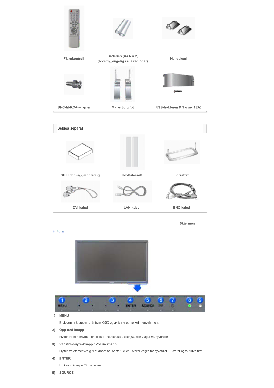 Samsung LS46BHTNS/EDC manual Fjernkontroll, BNC-til-RCA-adapter Midlertidig fot, Sett for veggmontering Høyttalersett 