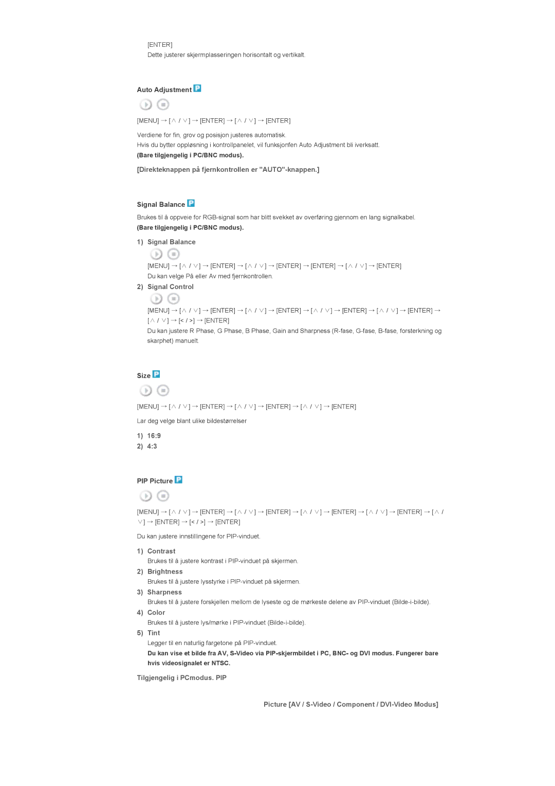 Samsung LS46BHTNS/EDC Direkteknappen på fjernkontrollen er AUTO-knappen, Signal Balance, Signal Control, 169, Sharpness 