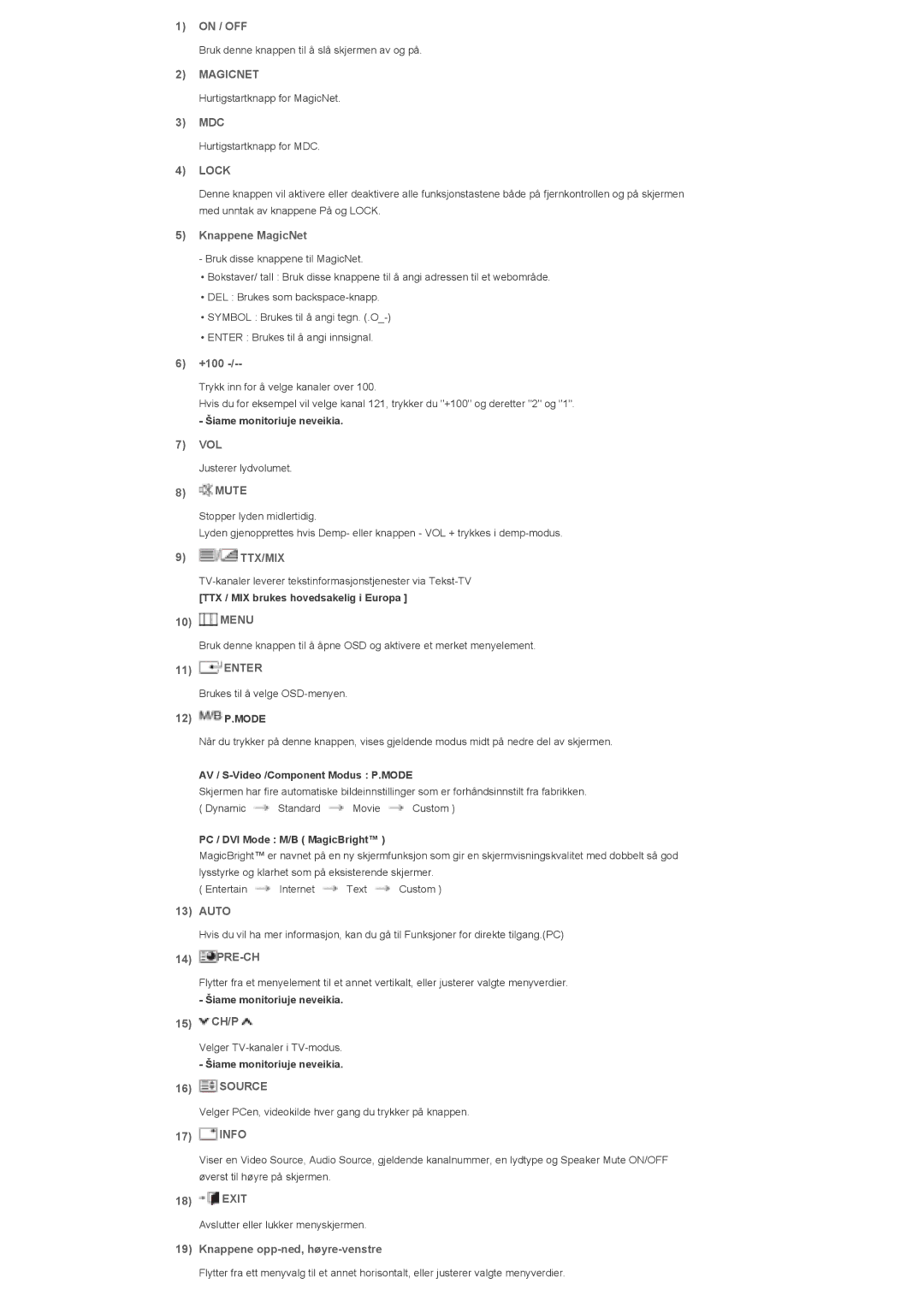 Samsung LS40BHZNS/EDC On / OFF, Mdc, Knappene MagicNet, +100, Vol, Mute, Menu, Enter, Auto, Pre-Ch, 15 CH/P, Info, Exit 