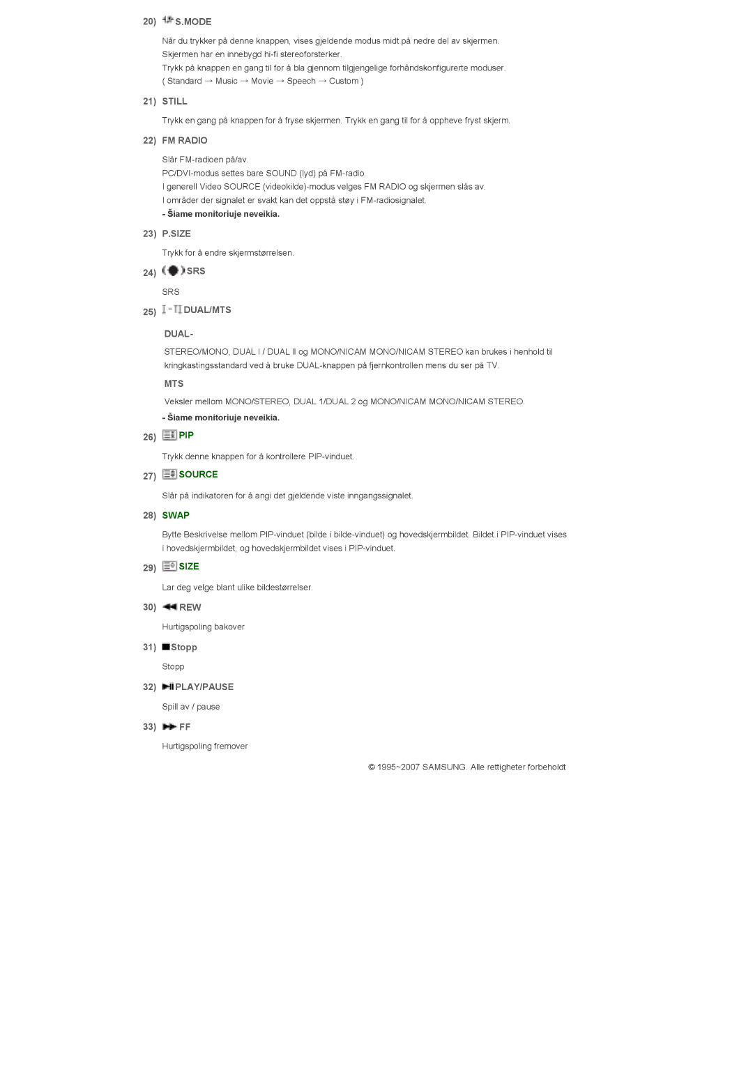 Samsung LS46BHYNS/EDC, LS46BHPNS/EDC, LS40BHPNS/EDC, LS46BHZNS/EDC manual 20 S.MODE, 23 P.SIZE, Srs, Rew, Stopp, 33 FF 