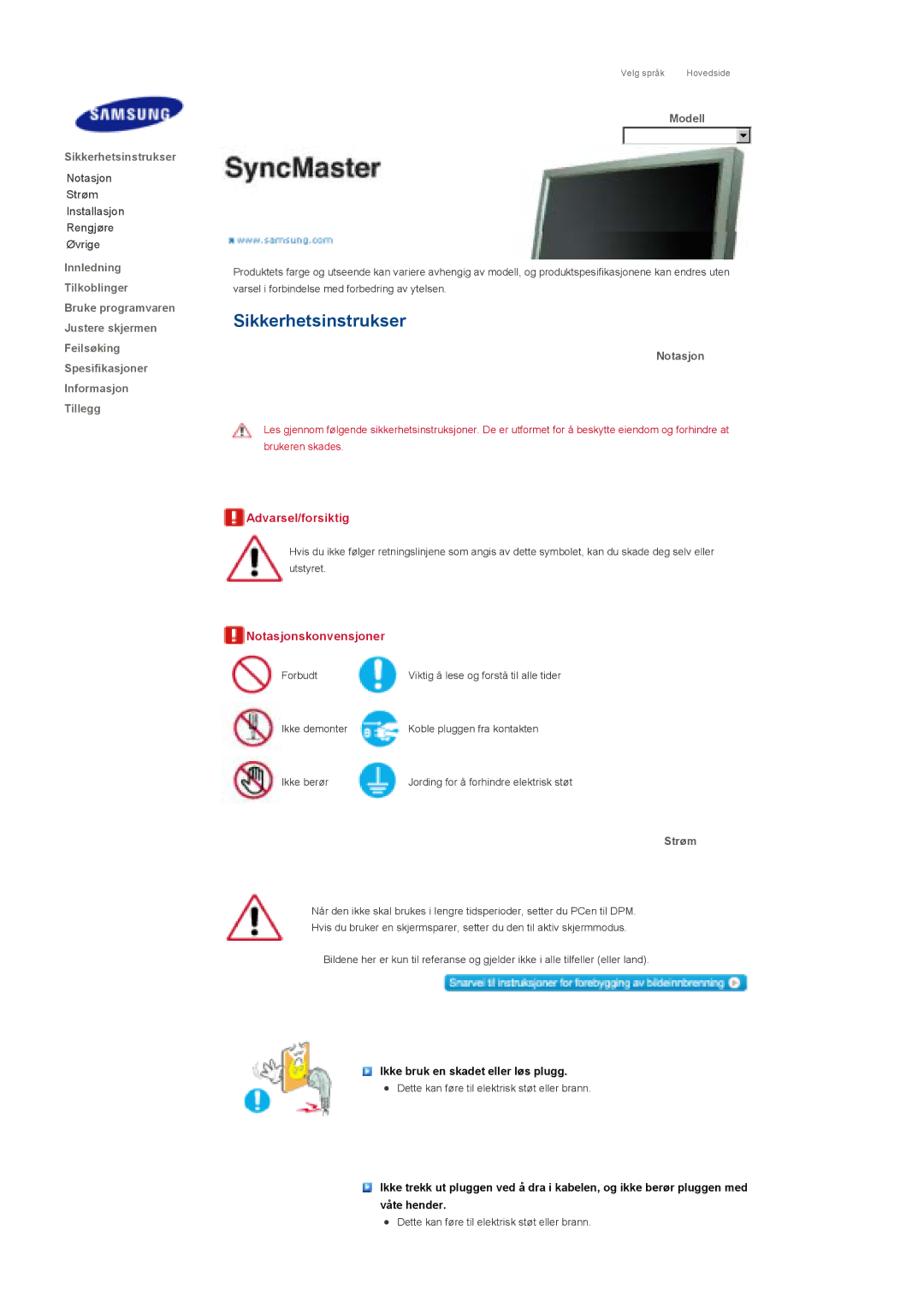 Samsung LS46BHZNS/EDC, LS46BHPNS/EDC, LS40BHPNS/EDC, LS46BHTNS/EDC, LS40BHTNS/EDC, LS40BHYNS/EDC manual Modell, Notasjon, Strøm 