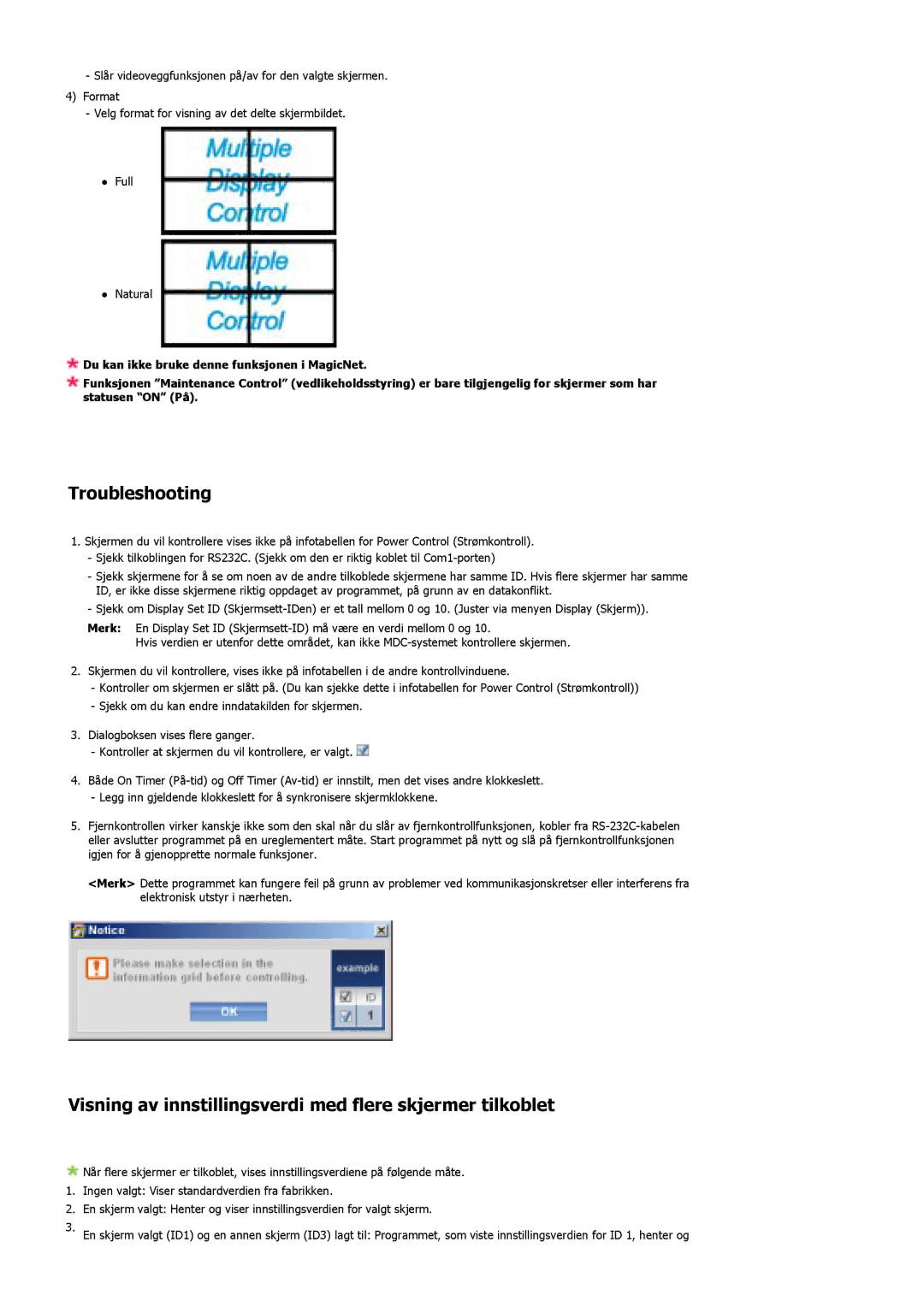 Samsung LS46BHZNS/EDC, LS46BHPNS/EDC manual Troubleshooting, Visning av innstillingsverdi med flere skjermer tilkoblet 