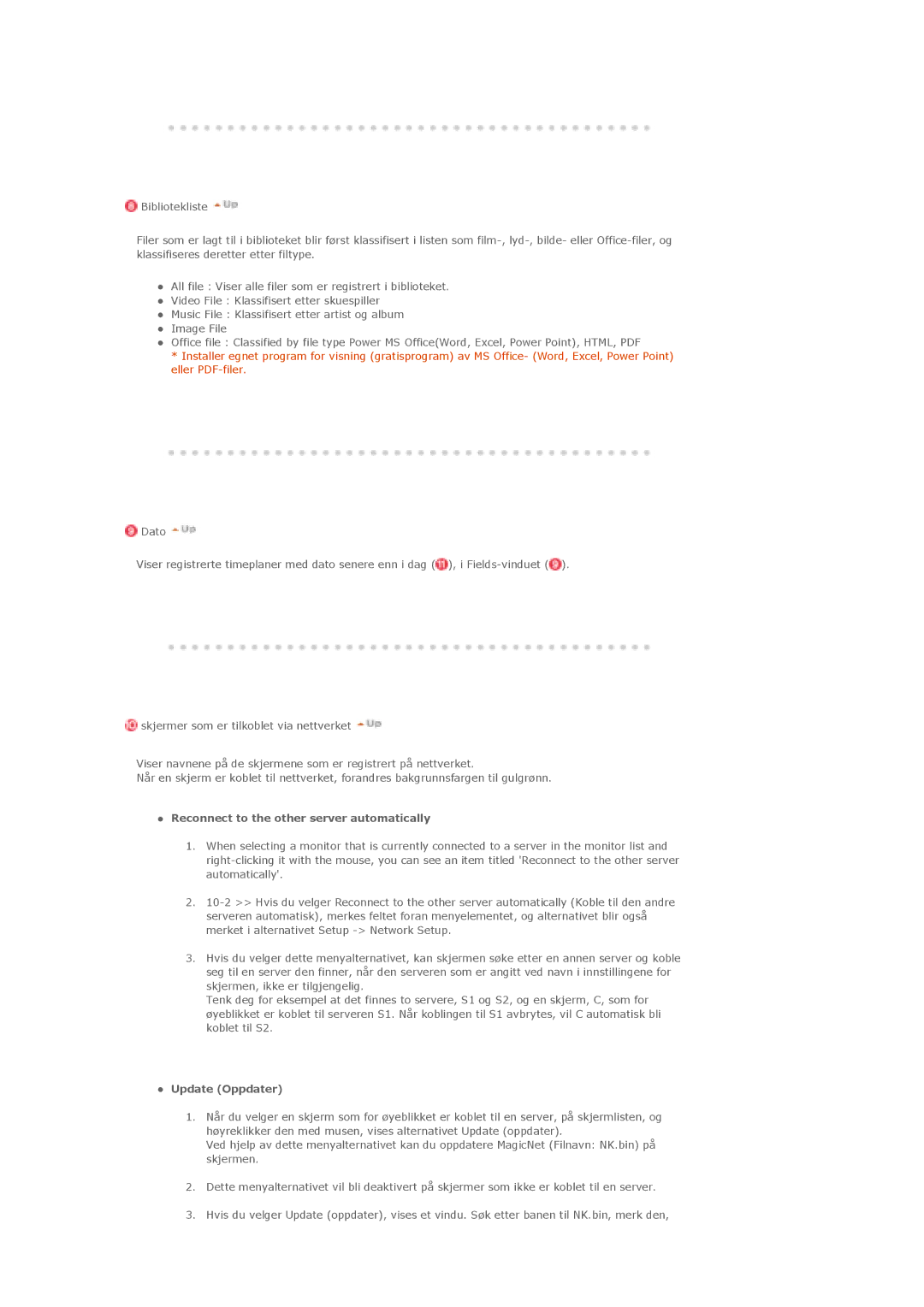 Samsung LS40BHYNS/EDC, LS46BHPNS/EDC, LS40BHPNS/EDC manual Reconnect to the other server automatically, Update Oppdater 