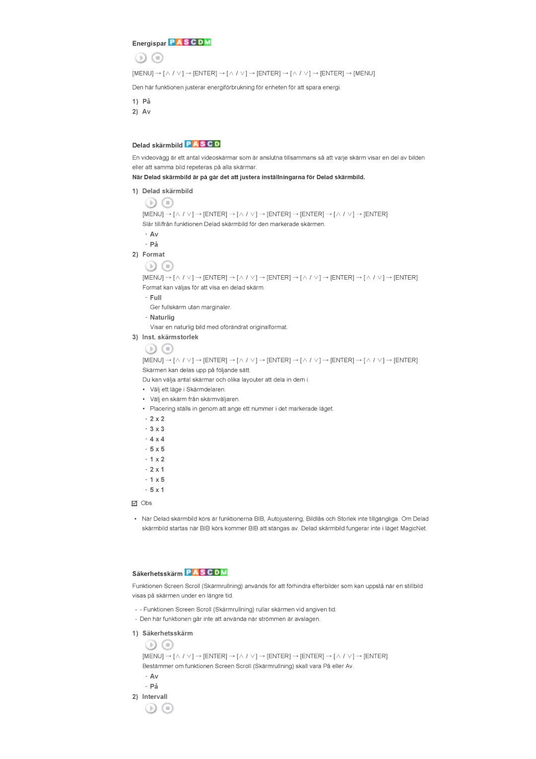 Samsung LS46BHPNS/EDC manual Delad skärmbild, Format, Full, Naturlig, Inst. skärmstorlek, Säkerhetsskärm, Intervall 