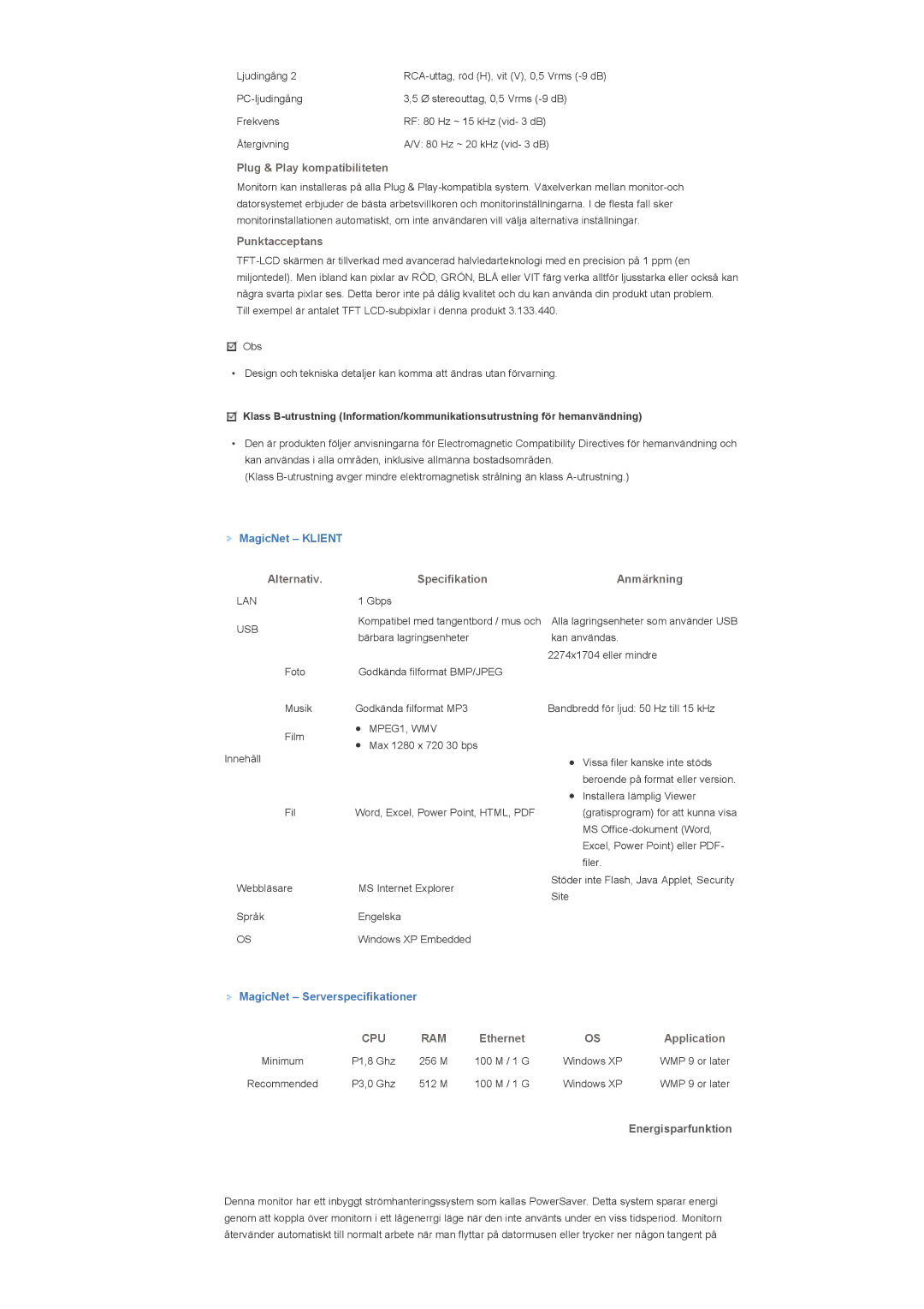 Samsung LS40BHYNS/EDC, LS46BHPNS/EDC, LS40BHPNS/EDC, LS46BHZNS/EDC, LS46BHTNS/EDC manual MagicNet Klient, Energisparfunktion 