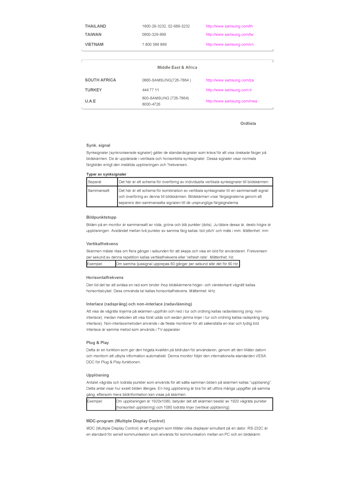 Samsung LS40BHTNS/EDC Ordlista Synk. signal, Bildpunktstopp, Vertikalfrekvens, Horisontalfrekvens, Plug & Play, Upplösning 