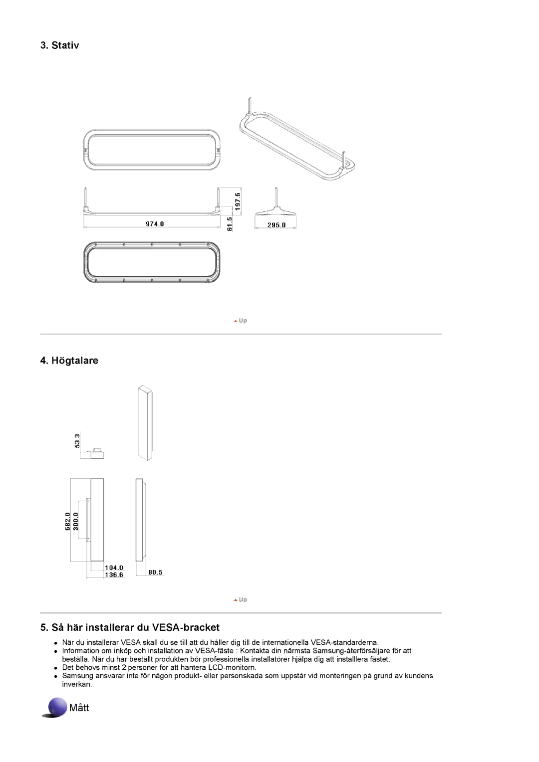 Samsung LS40BHZNS/EDC, LS46BHPNS/EDC, LS40BHPNS/EDC, LS46BHZNS/EDC manual Stativ Högtalare Så här installerar du VESA-bracket 