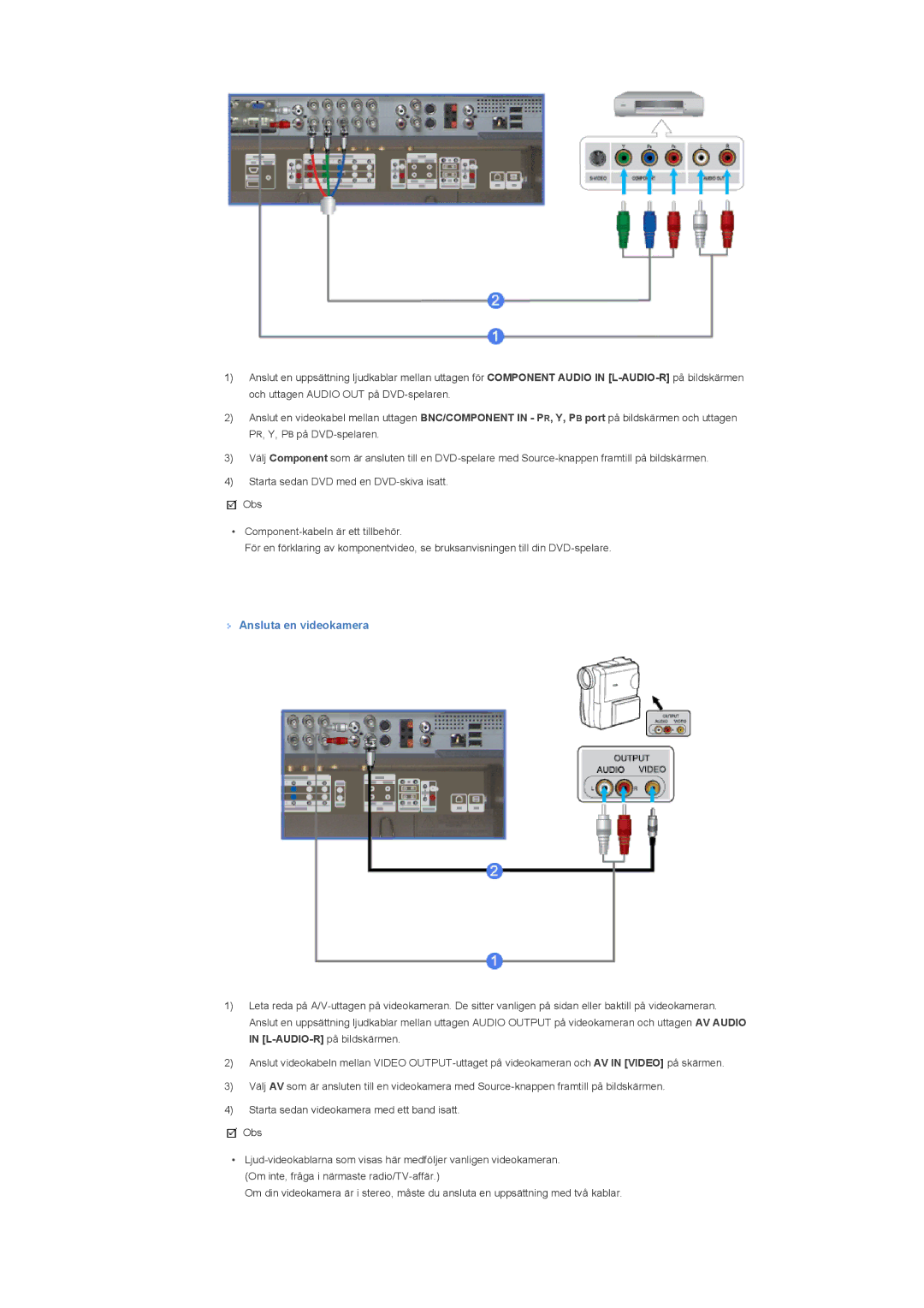 Samsung LS40BHTNS/EDC, LS46BHPNS/EDC, LS40BHPNS/EDC, LS46BHZNS/EDC, LS46BHTNS/EDC, LS40BHYNS/EDC manual Ansluta en videokamera 