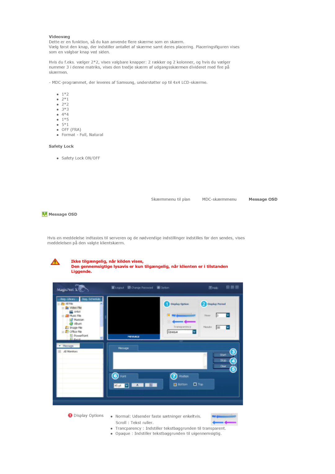 Samsung LS40BHTNS/EDC, LS46BHPNS/EDC, LS40BHPNS/EDC, LS46BHZNS/EDC, LS46BHTNS/EDC manual Videovæg, Safety Lock, Message OSD 