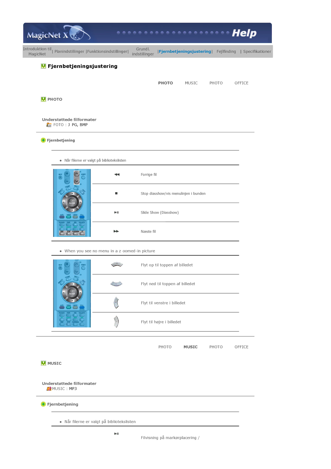 Samsung LS40BHPNS/EDC, LS46BHPNS/EDC, LS46BHZNS/EDC, LS46BHTNS/EDC, LS40BHTNS/EDC Understøttede filformater, Fjernbetjening 