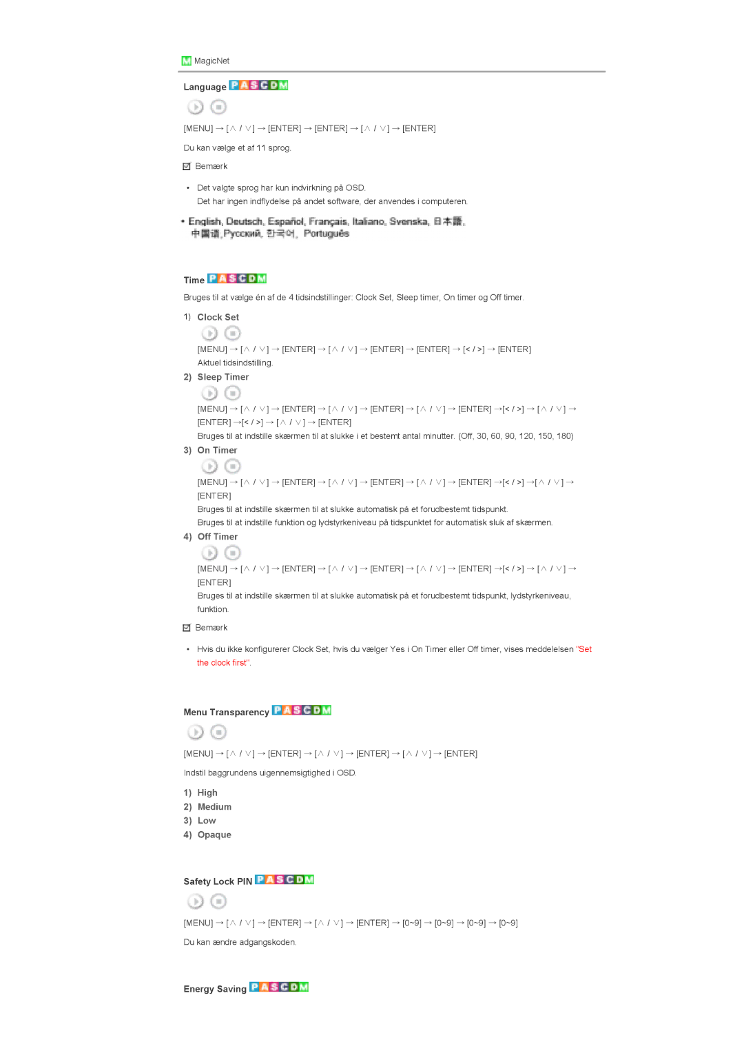 Samsung LS40BHPNS/EDC, LS46BHPNS/EDC, LS46BHZNS/EDC, LS46BHTNS/EDC, LS40BHTNS/EDC, LS40BHYNS/EDC manual Language, Clock Set 