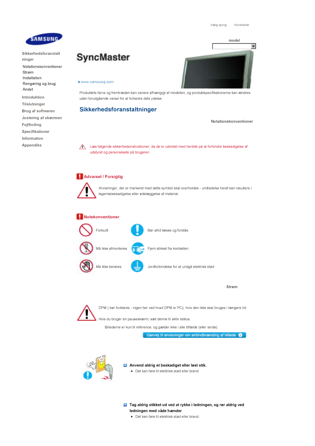 Samsung LS46BHZNS/EDC, LS46BHPNS/EDC, LS40BHPNS/EDC, LS46BHTNS/EDC, LS40BHTNS/EDC manual Model, Notationskonventioner, Strøm 