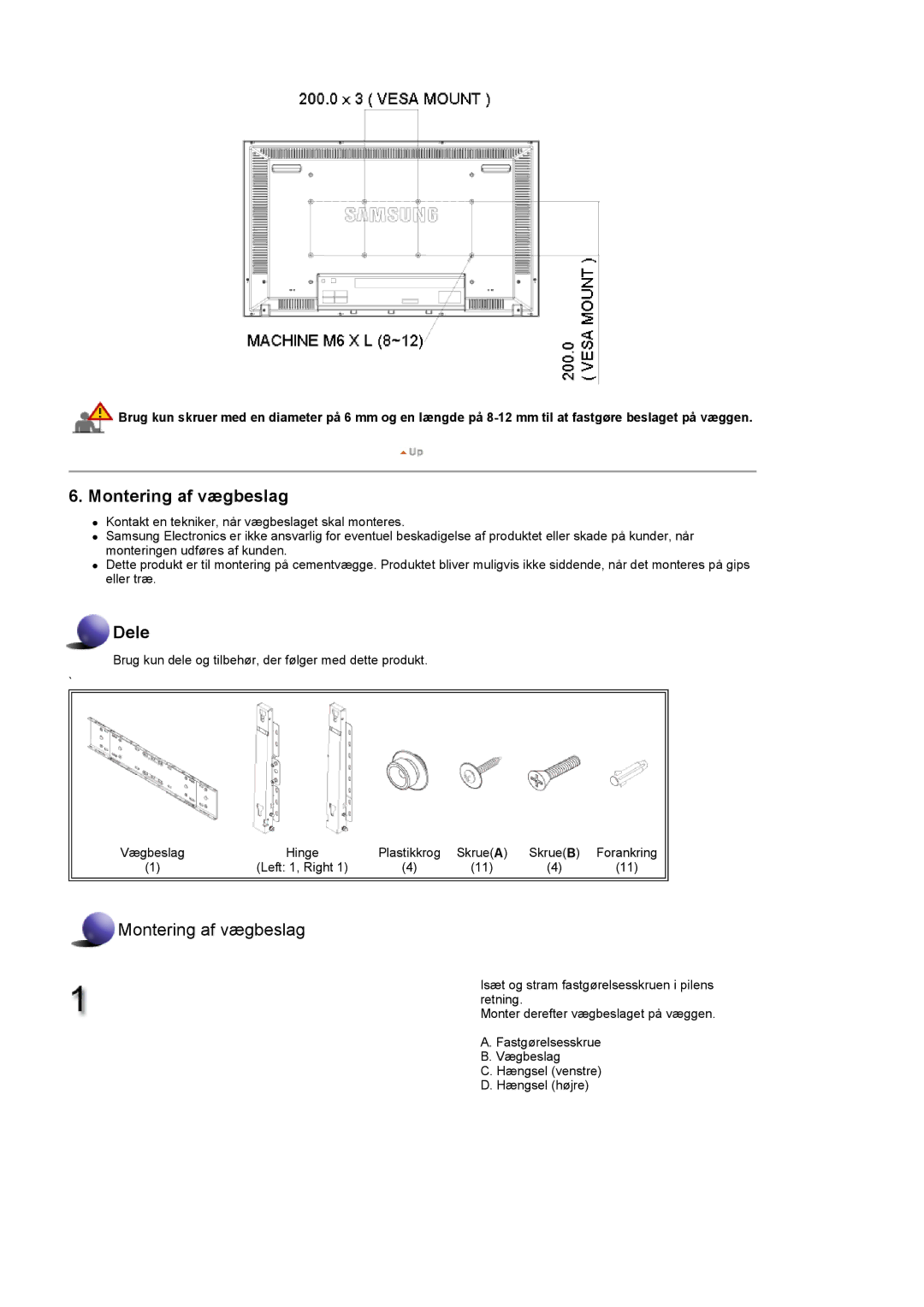 Samsung LS40BHZNS/EDC, LS46BHPNS/EDC, LS40BHPNS/EDC, LS46BHZNS/EDC, LS46BHTNS/EDC, LS40BHTNS/EDC manual Montering af vægbeslag 