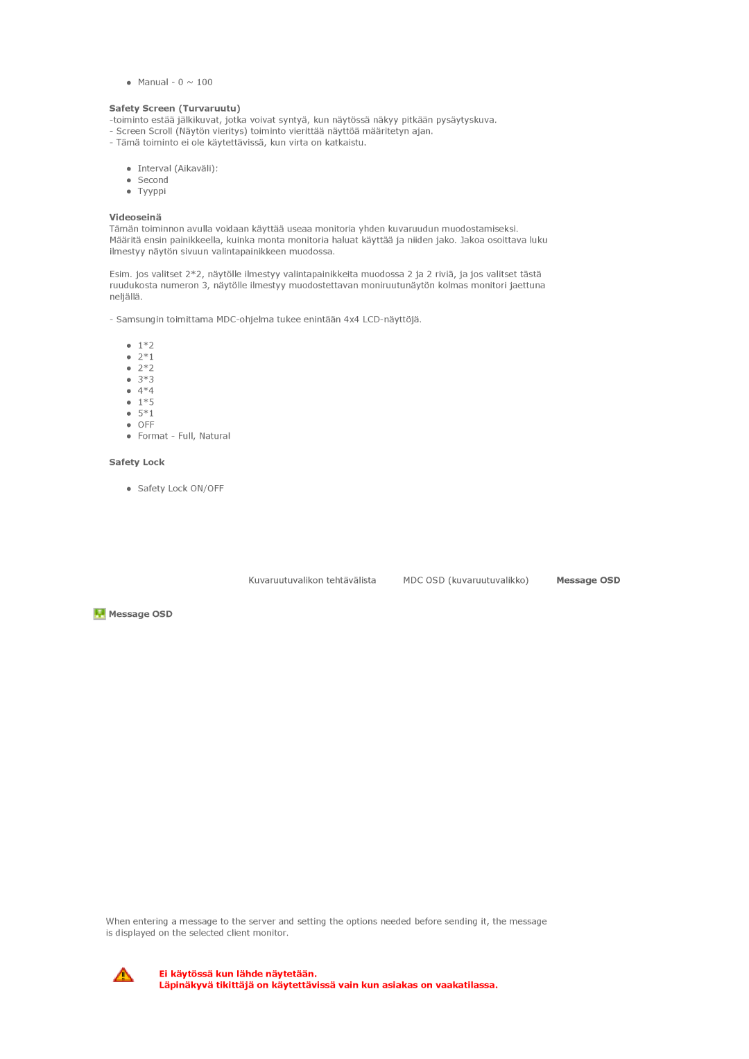 Samsung LS40BHPNS/EDC, LS46BHPNS/EDC, LS46BHZNS/EDC manual Safety Screen Turvaruutu, Videoseinä, Safety Lock, Message OSD 