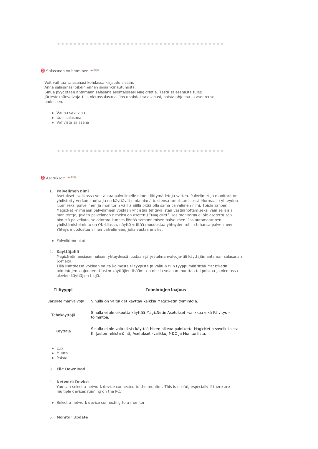 Samsung LS40BHTNS/EDC, LS46BHPNS/EDC manual Palvelimen nimi, Käyttäjätili, File Download, Network Device, Monitor Update 