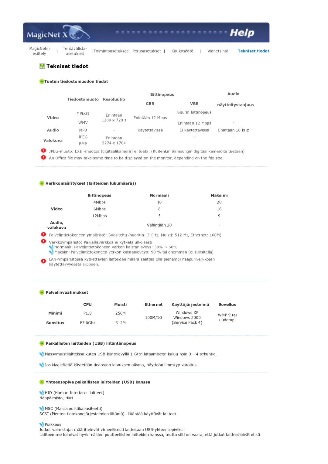 Samsung LS40BHTNS/EDC, LS46BHPNS/EDC manual Bittinopeus Audio Tiedostomuoto Resoluutio, Näytteitystaajuus, Video, Valokuva 