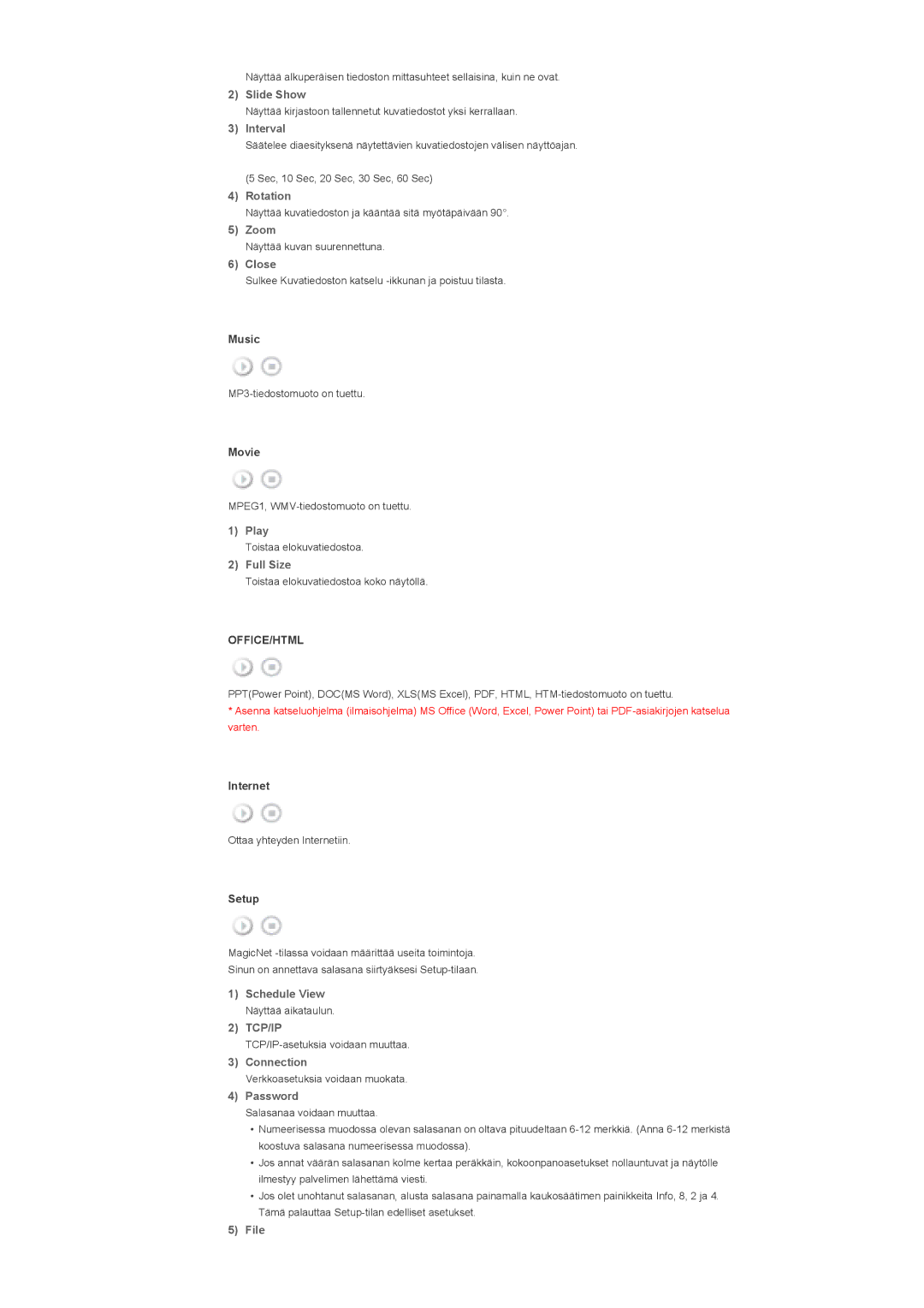 Samsung LS46BHTNS/EDC manual Slide Show, Rotation, Close, Play, Full Size, Schedule View, Connection, Password, File 