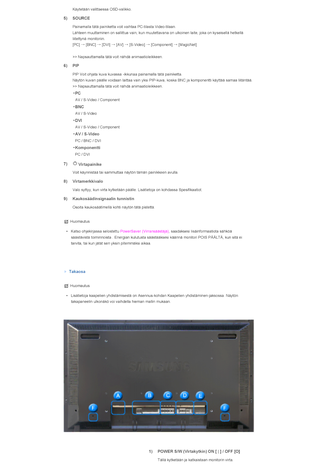 Samsung LS40BHTNS/EDC manual Pip, AV / S-Video, Komponentti, Virtapainike, Virtamerkkivalo, Kaukosäädinsignaalin tunnistin 