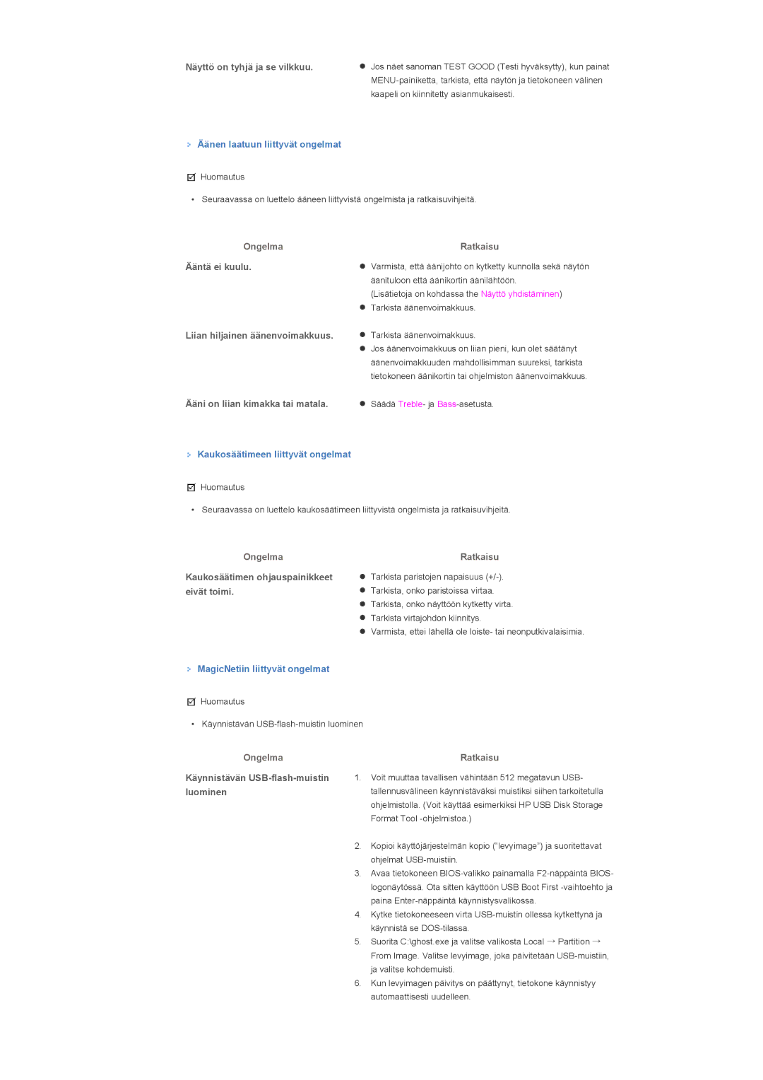 Samsung LS40BHTNS/EDC, LS46BHPNS/EDC manual Näyttö on tyhjä ja se vilkkuu, Ääntä ei kuulu, Liian hiljainen äänenvoimakkuus 