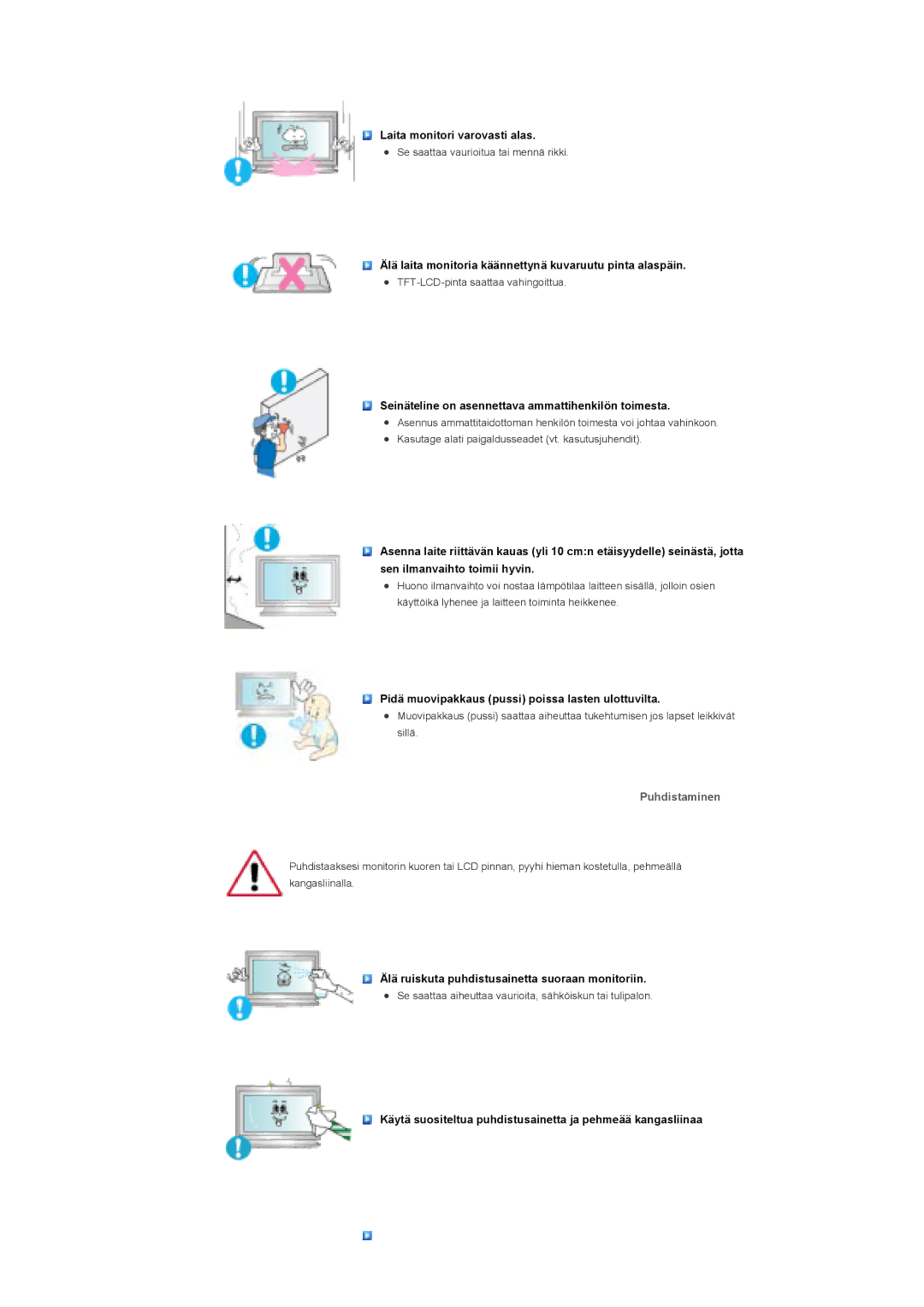 Samsung LS40BHYNS/EDC, LS46BHPNS/EDC, LS40BHPNS/EDC manual Seinäteline on asennettava ammattihenkilön toimesta, Puhdistaminen 