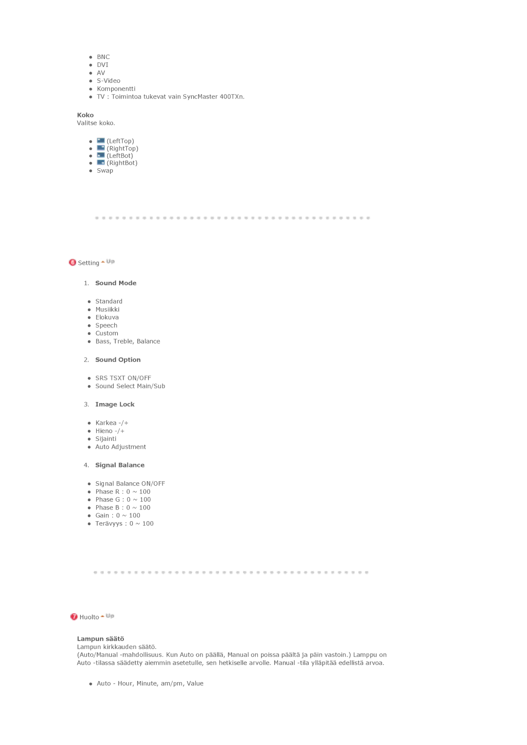 Samsung LS46BHPNS/EDC, LS40BHPNS/EDC, LS46BHZNS/EDC manual Sound Mode, Sound Option, Image Lock, Signal Balance, Lampun säätö 