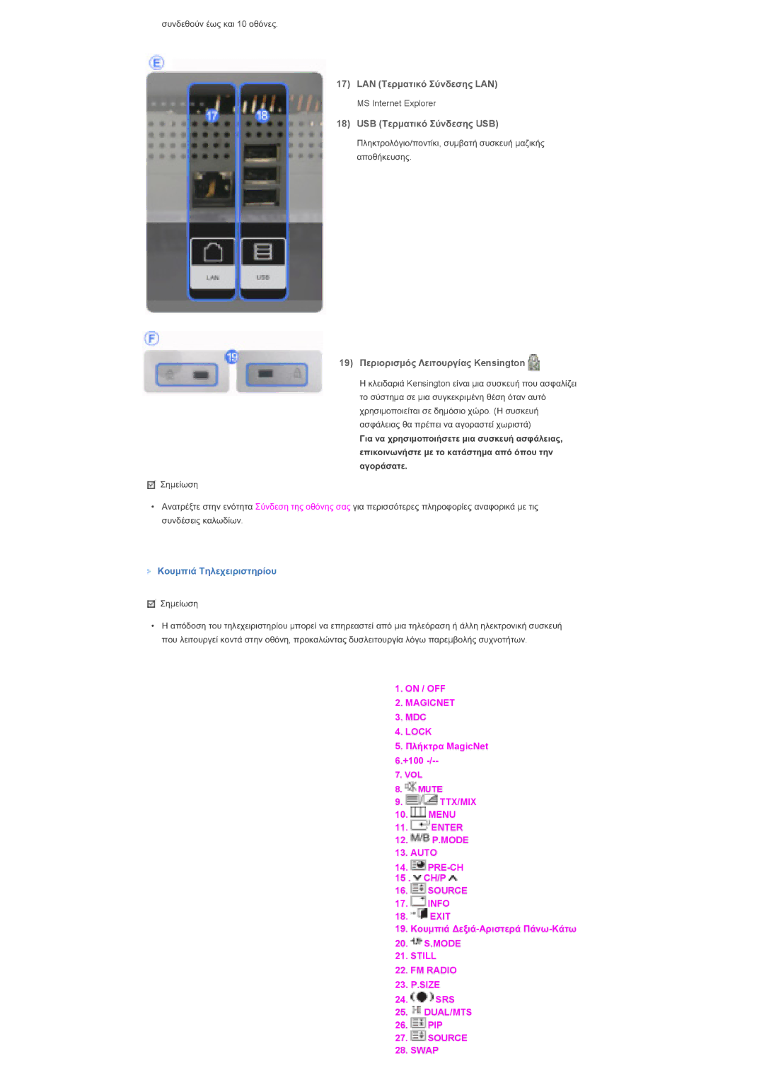 Samsung LS46BHYNS/EDC manual LAN ȉİȡµĮĲȚțȩ ȈȪȞįİıȘȢ LAN, USB ȉİȡµĮĲȚțȩ ȈȪȞįİıȘȢ USB, 19 ȆİȡȚȠȡȚıµȩȢ ȁİȚĲȠȣȡȖȓĮȢ Kensington 