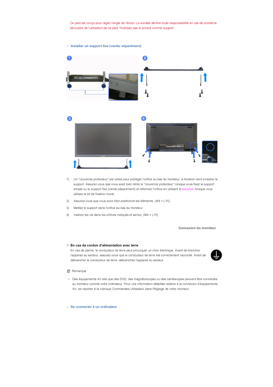 Samsung LS40BHZNS/EDC Installer un support fixe vendu séparément, Connexion du moniteur, Se connecter à un ordinateur 