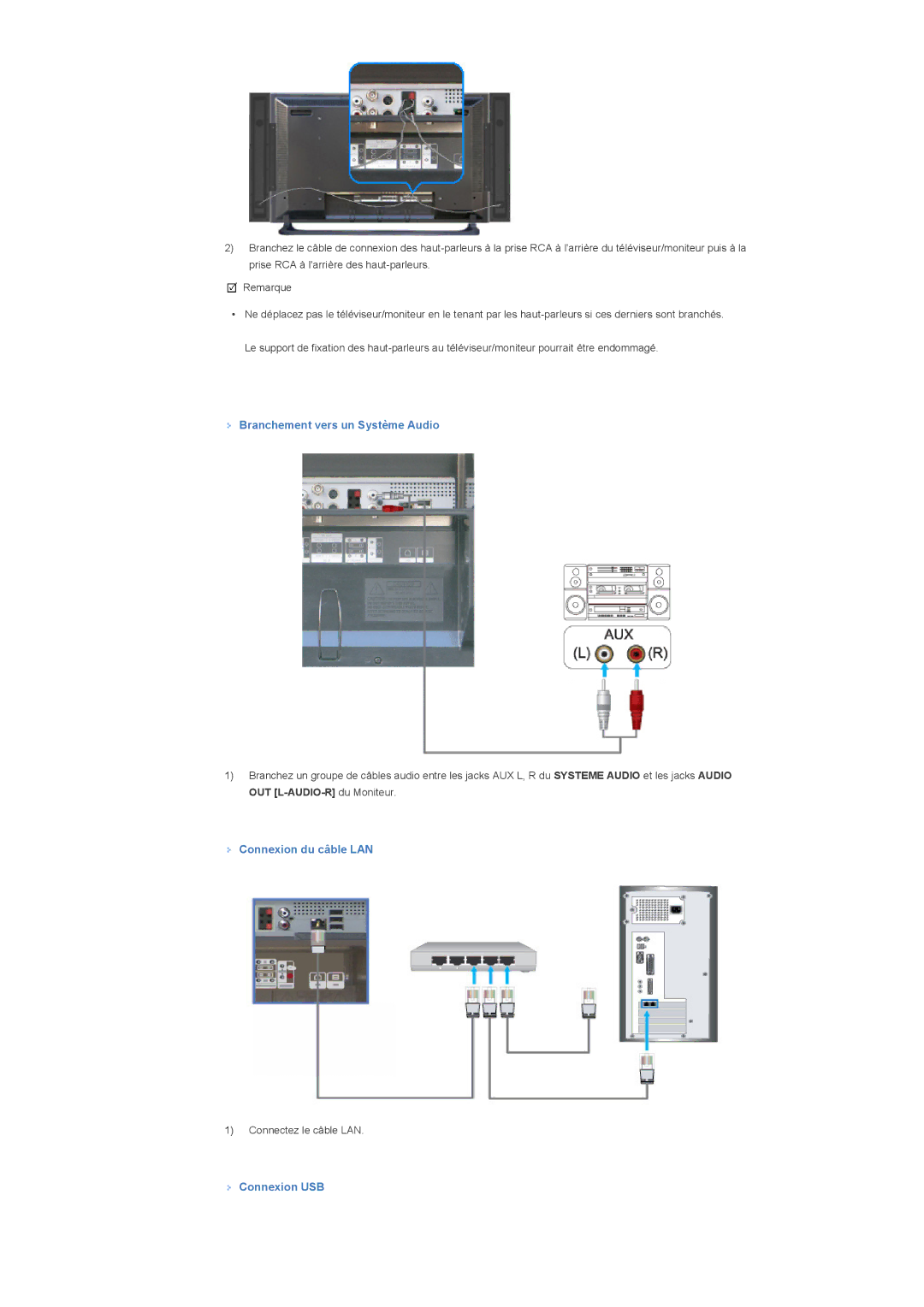 Samsung LS40BHPNSF/EDC, LS46BHPNS/EDC manual Branchement vers un Système Audio, Connexion du câble LAN, Connexion USB 