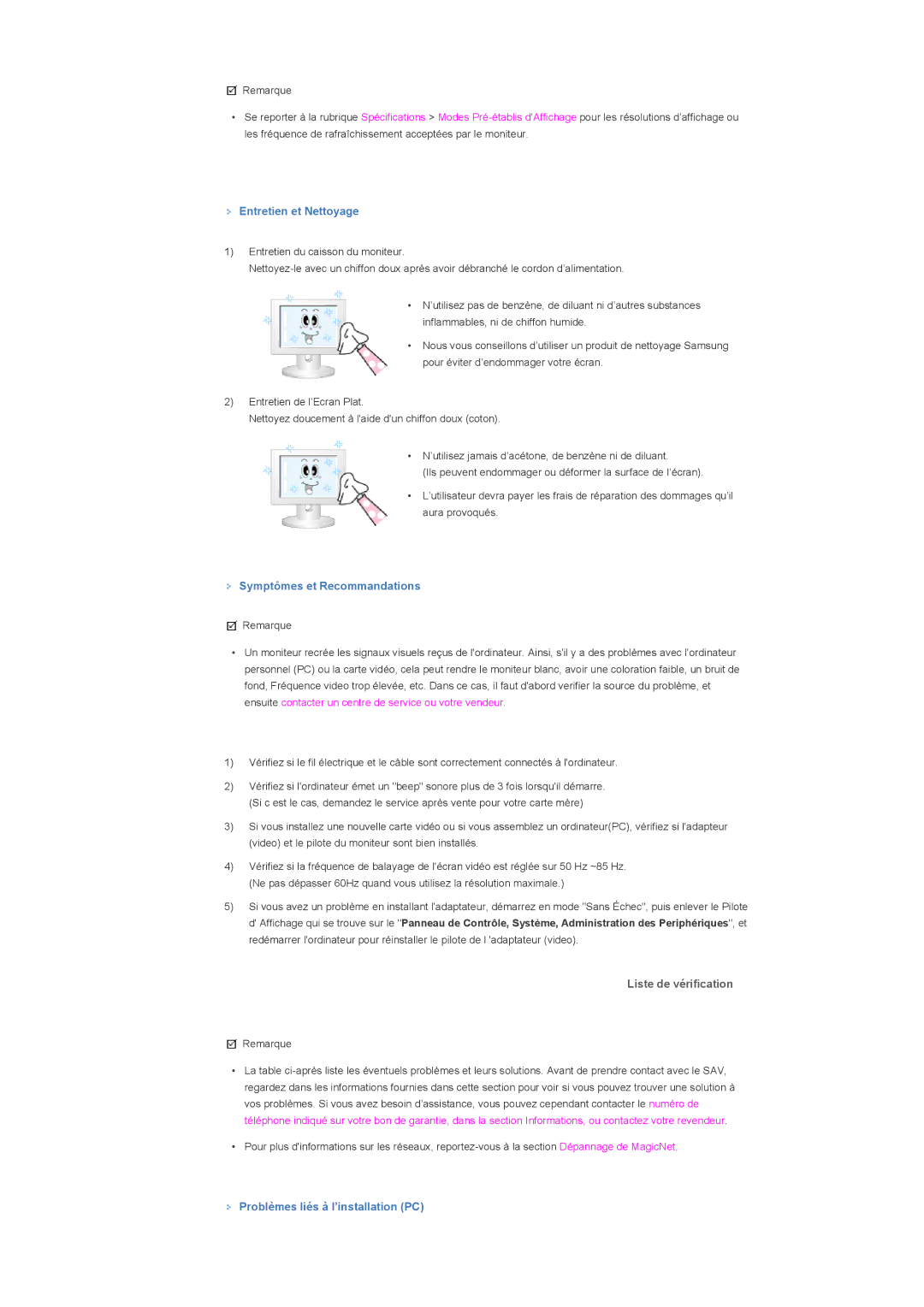 Samsung LS46BHTNS/EDC, LS46BHPNS/EDC manual Entretien et Nettoyage, Symptômes et Recommandations, Liste de vérification 