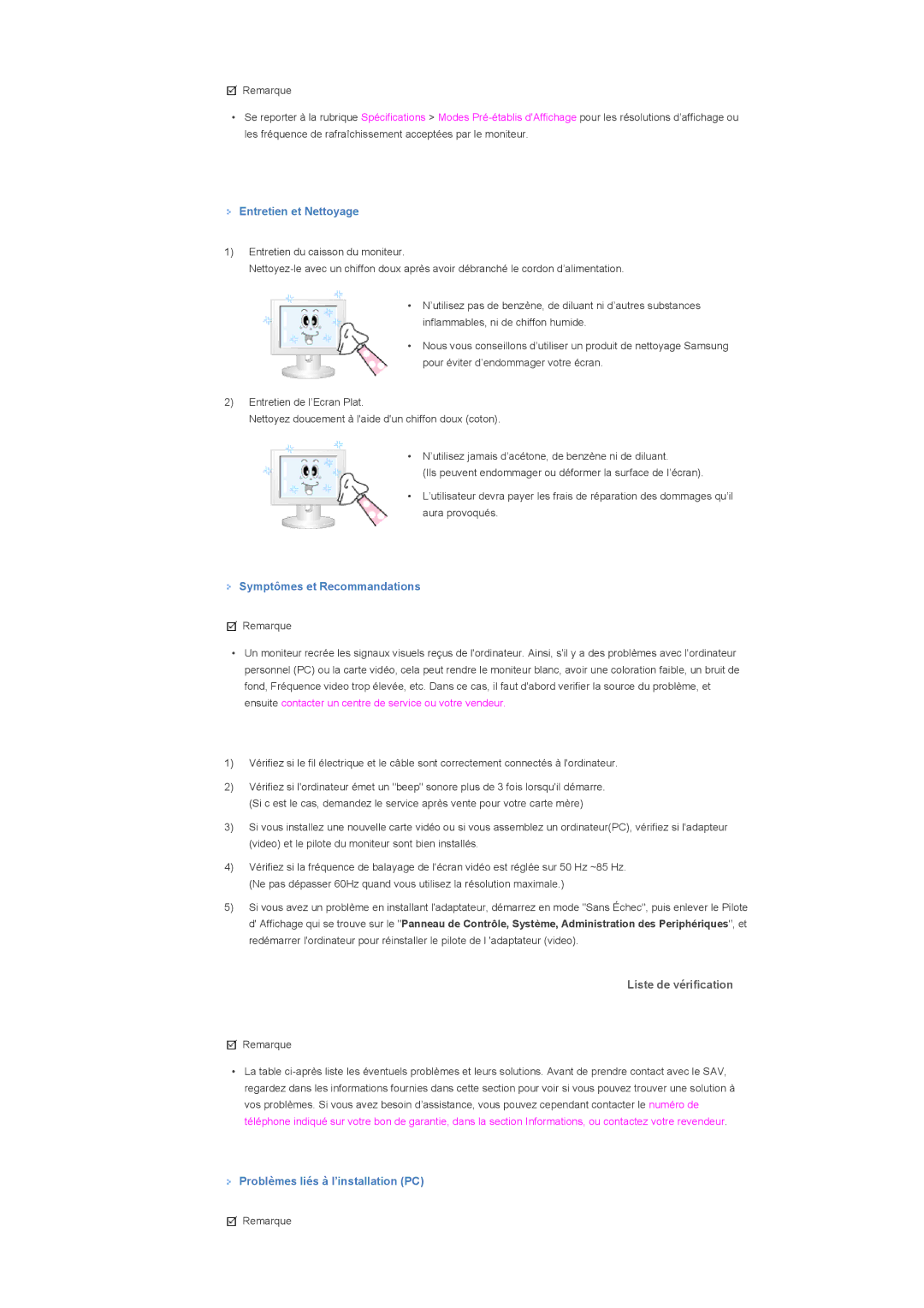 Samsung LS46BHYNS/EDC, LS46BHPNS/EDC, LS40BHRNSF/EDC, LS40BHRNB/EDC, LS40BHPNSF/EDC, LS46BHPNSF/EDC manual Liste de vérification 