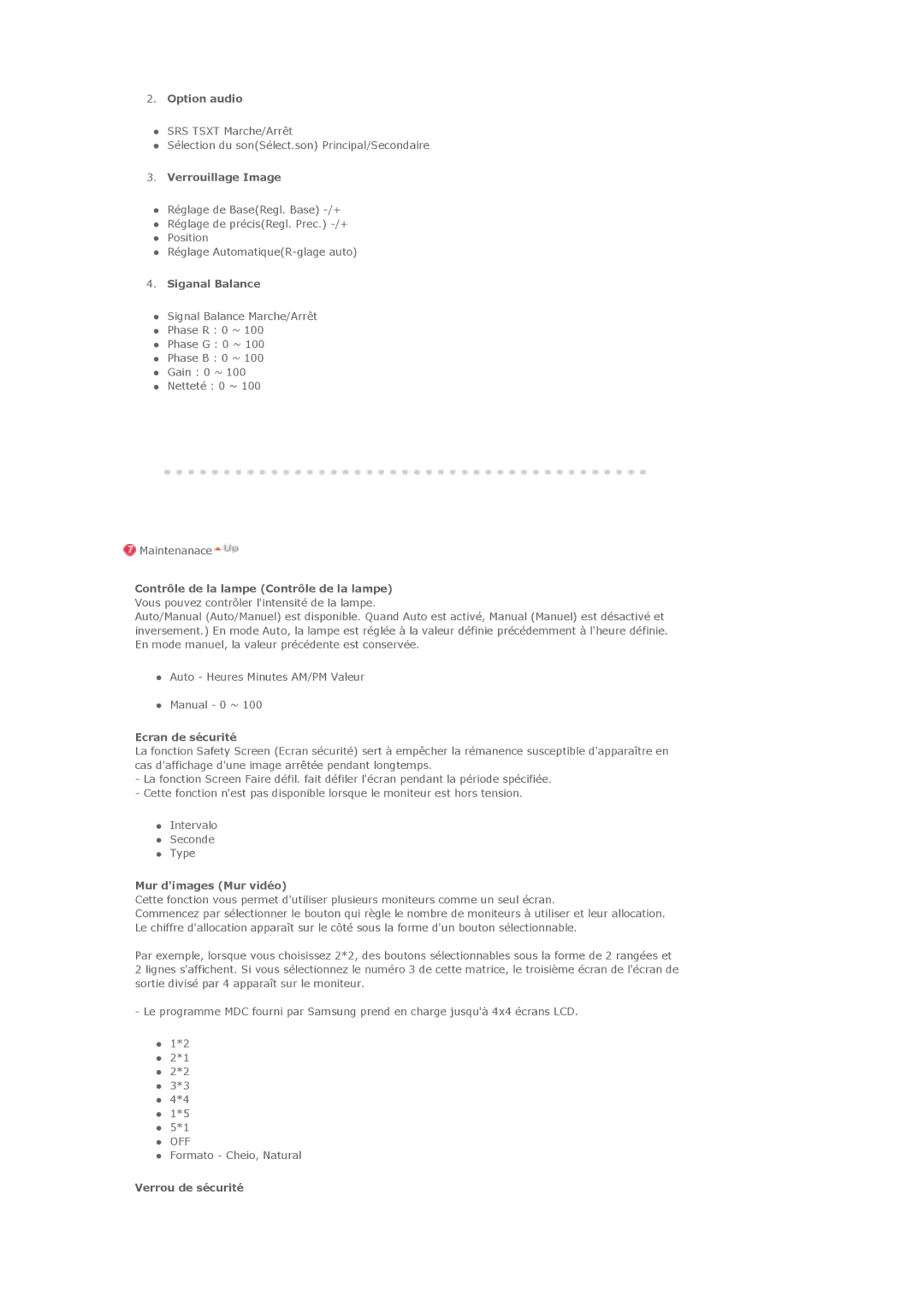 Samsung LS40BHPNSF/EDC manual Option audio, Verrouillage Image, Siganal Balance, Ecran de sécurité, Mur dimages Mur vidéo 