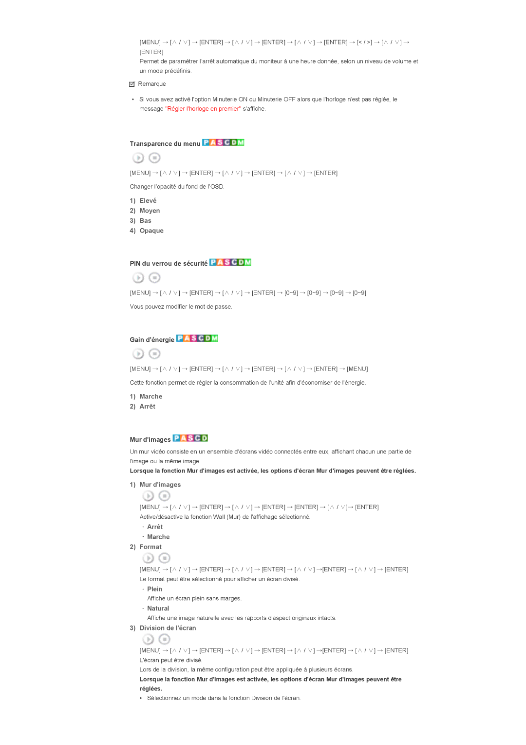 Samsung LS40BHYNSF/EDC, LS46BHPNS/EDC Marche Arrêt, Mur dimages, Arrêt Marche Format, Plein, Natural, Division de lécran 