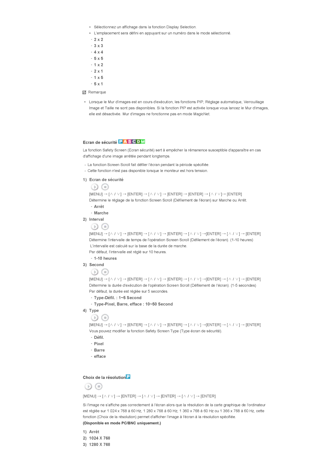 Samsung LS46BHYNSF/EDC, LS46BHPNS/EDC Ecran de sécurité, Arrêt Marche Interval, Heures Second, Défil Pixel Barre Efface 