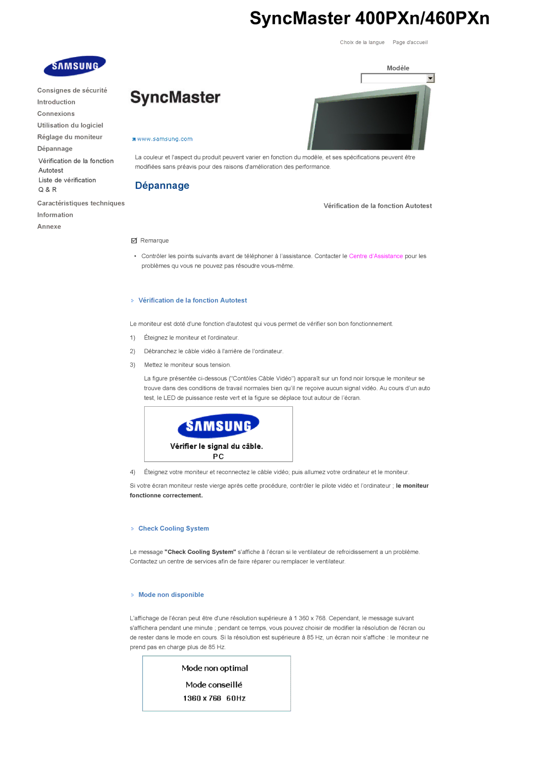Samsung LS40BHPNS/EDC, LS46BHPNS/EDC manual Vérification de la fonction Autotest, Check Cooling System, Mode non disponible 