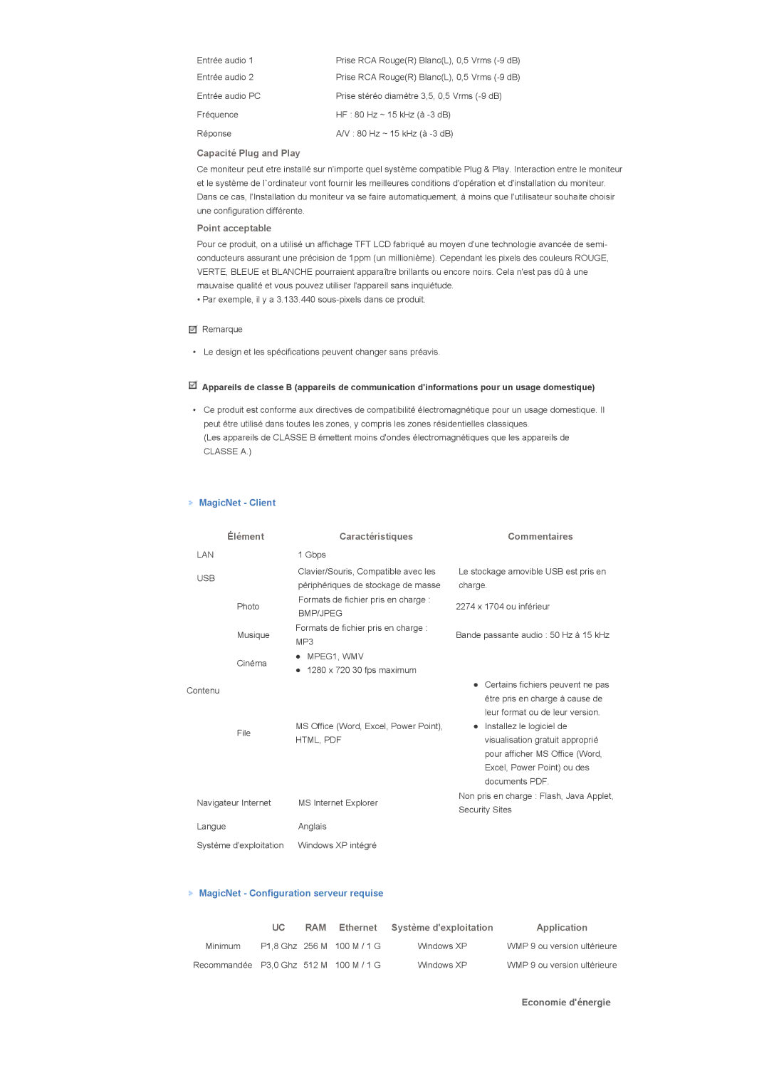 Samsung LS40BHYNSF/EDC, LS46BHPNS/EDC, LS40BHRNSF/EDC, LS40BHRNB/EDC, LS40BHPNSF/EDC, LS46BHPNSF/EDC Capacité Plug and Play 