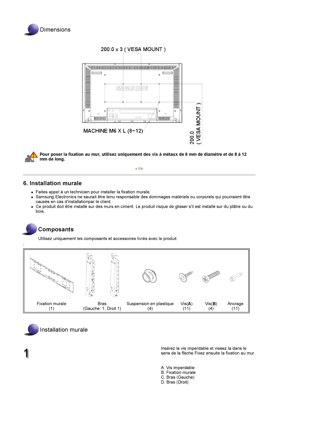 Samsung LS46BHTNS/EDC, LS46BHPNS/EDC, LS40BHRNSF/EDC, LS40BHRNB/EDC, LS40BHPNSF/EDC, LS46BHPNSF/EDC manual Installation murale 