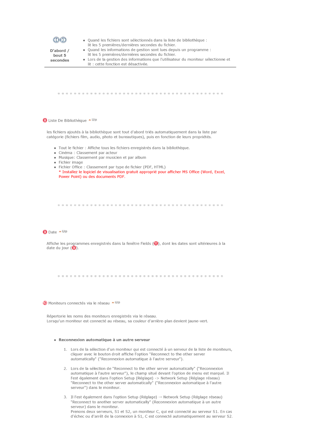 Samsung LS40BHRNS/EDC, LS46BHPNS/EDC, LS40BHRNSF/EDC manual Dabord Bout Secondes, Reconnexion automatique à un autre serveur 