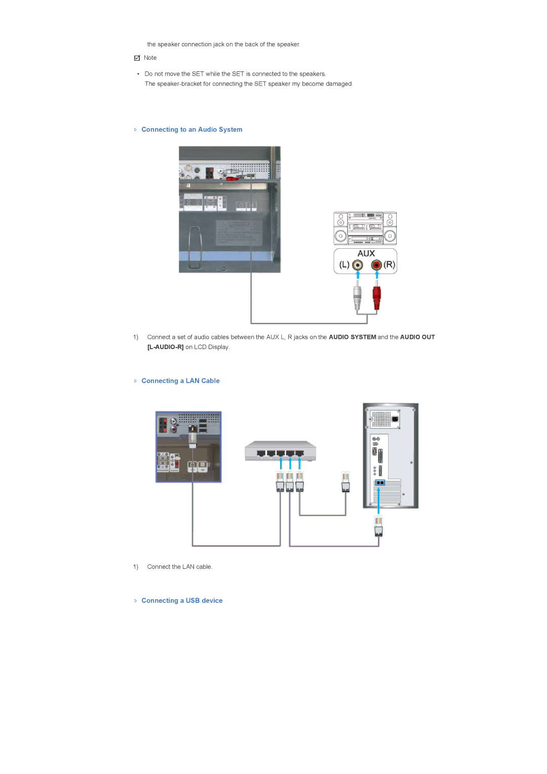 Samsung LS40BHYNS/XSJ, LS46BHTNBF/EDC manual Connecting to an Audio System, Connecting a LAN Cable, Connecting a USB device 