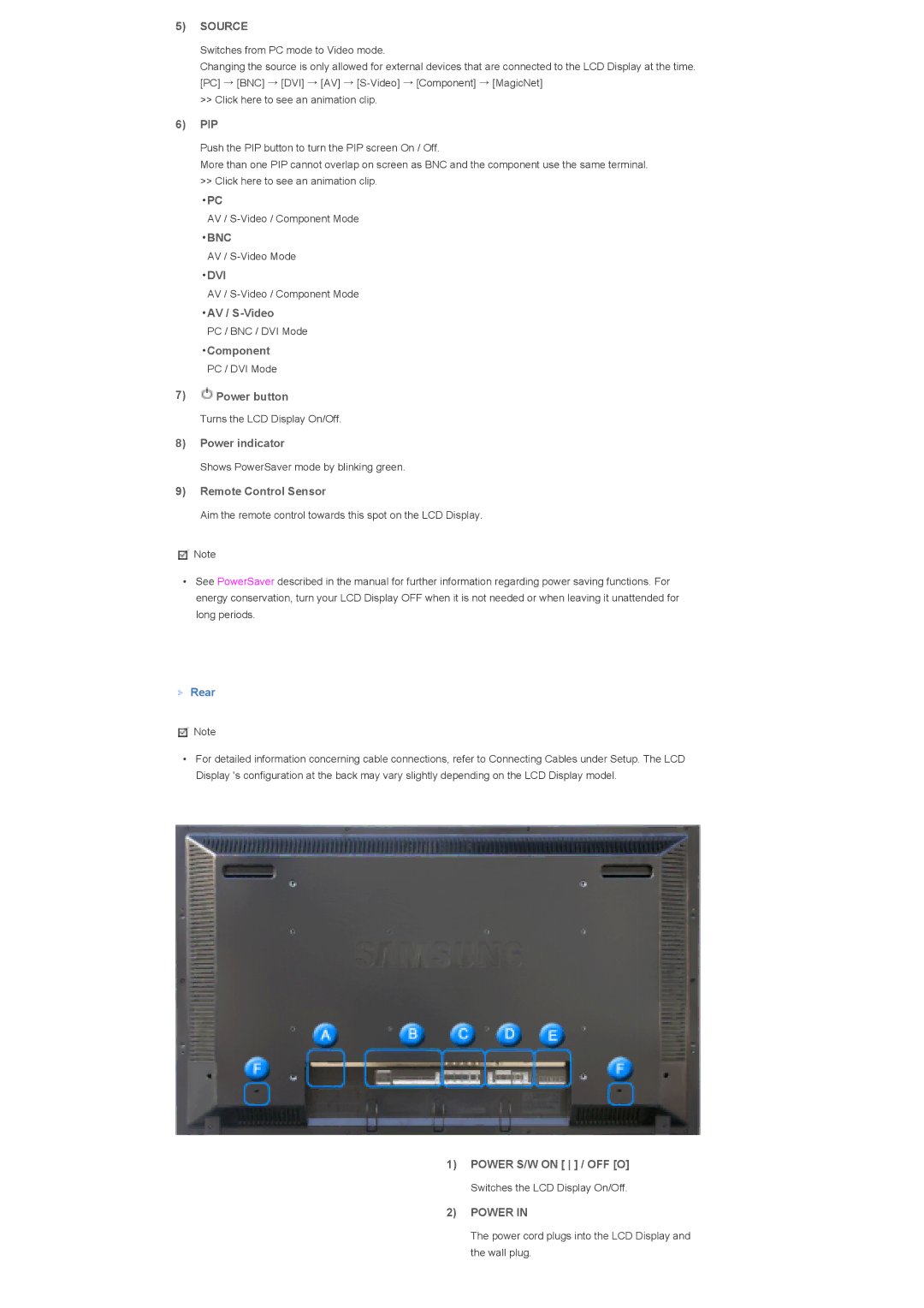 Samsung LS40BHRNB/EDC, LS46BHTNBF/EDC Pip, AV / S-Video, Component, Power button, Power indicator, Remote Control Sensor 