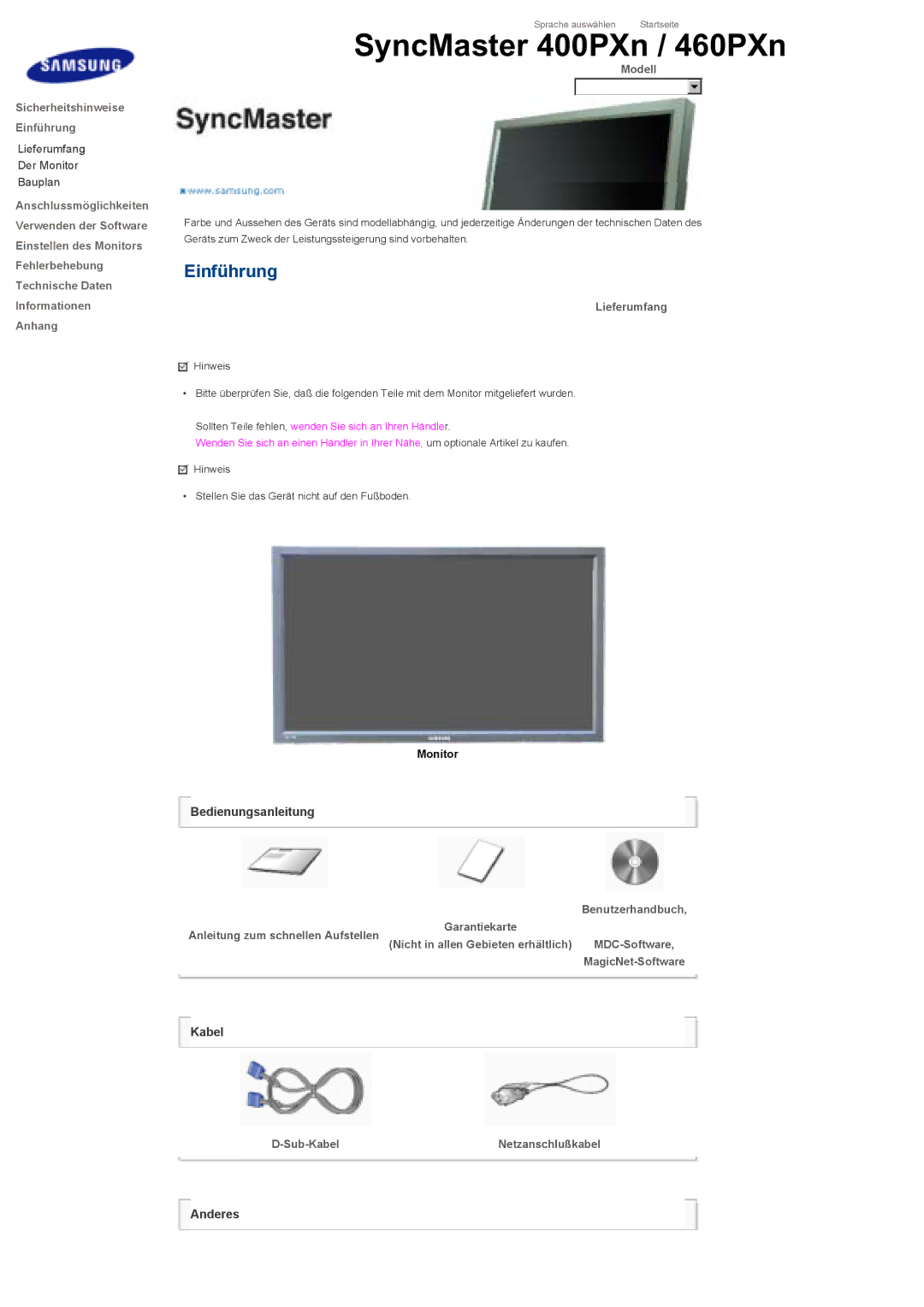 Samsung LS46BHPNS/EDC, LS46BHTNBF/EDC, LS46BHYNBF/EDC manual Modell, Lieferumfang, Benutzerhandbuch Garantiekarte, Sub-Kabel 