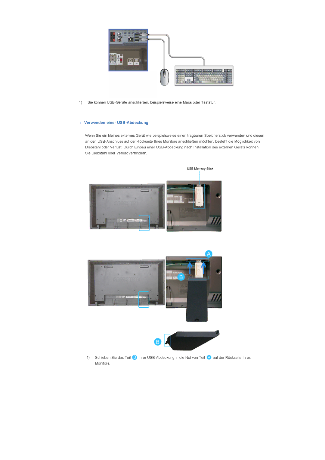 Samsung LS46BHZNS/EDC, LS46BHTNBF/EDC, LS46BHYNBF/EDC, LS46BHPNS/EDC, LS40BHTNB/EDC manual Verwenden einer USB-Abdeckung 