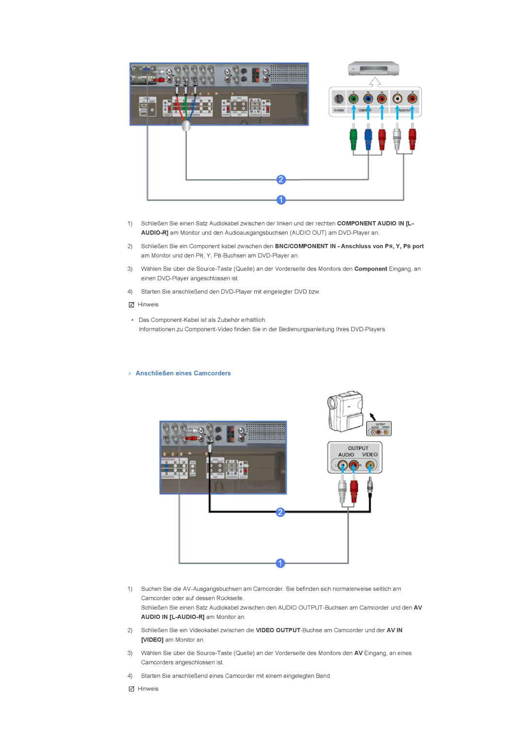 Samsung LS46BHYNS/EDC, LS46BHTNBF/EDC, LS46BHYNBF/EDC, LS46BHPNS/EDC, LS40BHTNB/EDC manual Anschließen eines Camcorders 