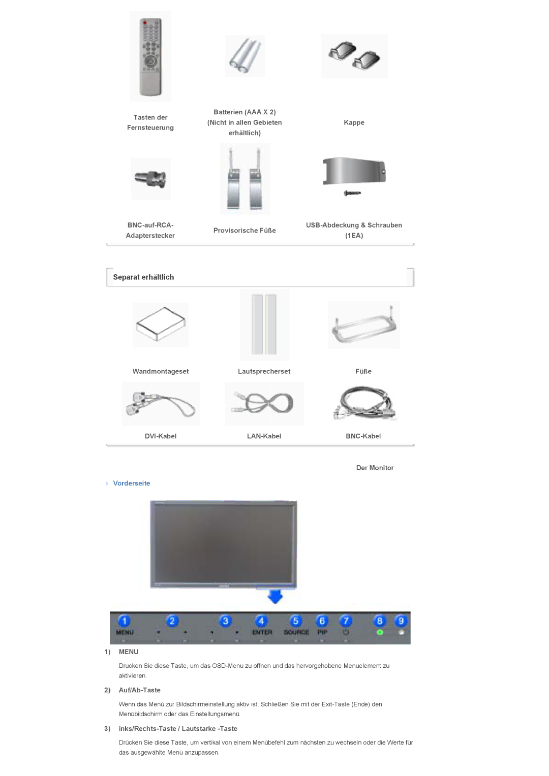 Samsung LS40BHTNB/EDC, LS46BHTNBF/EDC manual Wandmontageset Lautsprecherset, DVI-Kabel LAN-Kabel, Der Monitor, Auf/Ab-Taste 