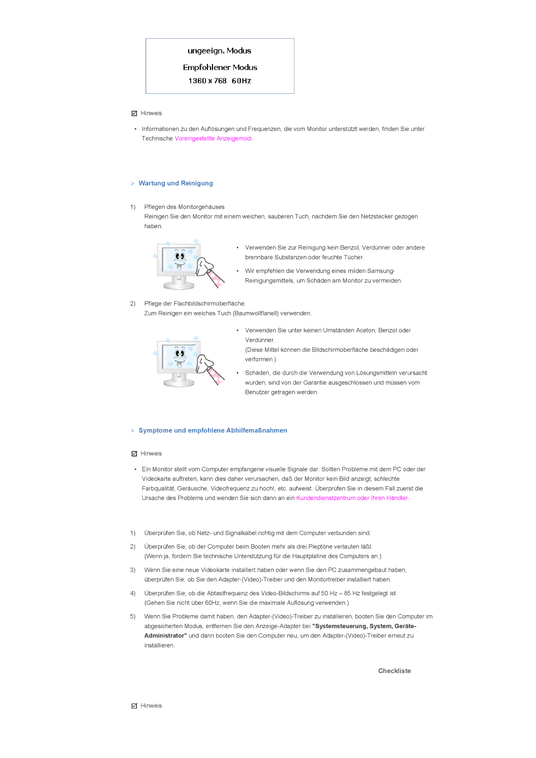 Samsung LS40BHTNB/EDC, LS46BHTNBF/EDC manual Wartung und Reinigung, Symptome und empfohlene Abhilfemaßnahmen, Checkliste 