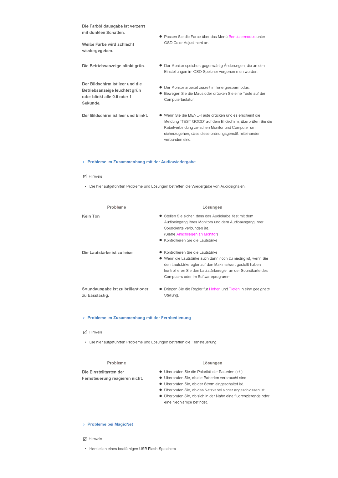 Samsung LS46BHYNSF/EDC Probleme im Zusammenhang mit der Audiowiedergabe, Probleme im Zusammenhang mit der Fernbedienung 